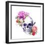 Human Skull with Flowers, Decorative Ornament and Feathers in Vintage Boho Style. Watercolor-Le Panda-Framed Art Print