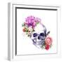 Human Skull with Flowers, Decorative Ornament and Feathers in Vintage Boho Style. Watercolor-Le Panda-Framed Art Print