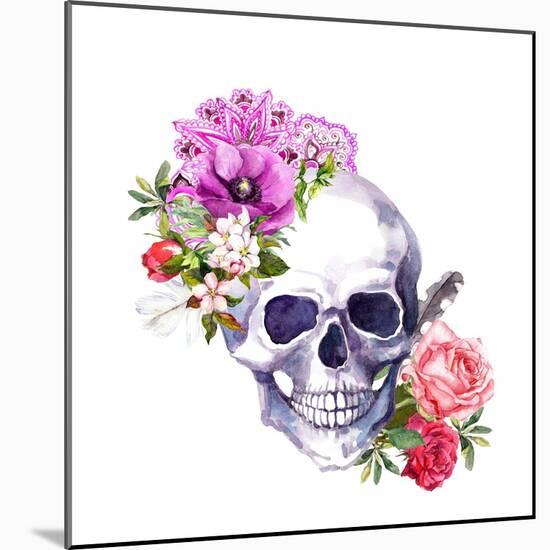 Human Skull with Flowers, Decorative Ornament and Feathers in Vintage Boho Style. Watercolor-Le Panda-Mounted Art Print