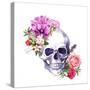 Human Skull with Flowers, Decorative Ornament and Feathers in Vintage Boho Style. Watercolor-Le Panda-Stretched Canvas