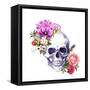 Human Skull with Flowers, Decorative Ornament and Feathers in Vintage Boho Style. Watercolor-Le Panda-Framed Stretched Canvas