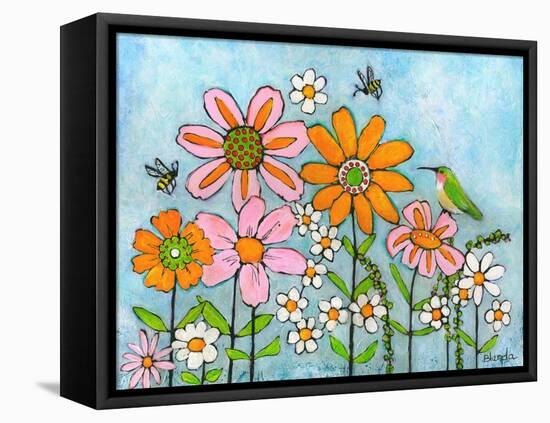 Hummingbird and Bees on Flowers-Blenda Tyvoll-Framed Stretched Canvas
