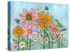 Hummingbird and Bees on Flowers-Blenda Tyvoll-Stretched Canvas