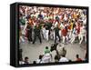 Hundreds Look at a Bull That Gored a Reveler During the Running of the Bulls at San Fermin Fiestas -null-Framed Stretched Canvas