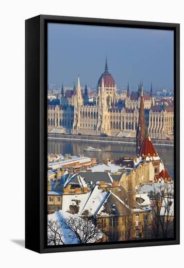 Hungarian Parliament Illuminated by Warm Light on a Winter Afternoon, Budapest, Hungary, Europe-Doug Pearson-Framed Stretched Canvas