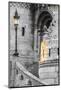 Hungary, Budapest. Light hitting lamppost, staircase, and dragon statue-Tom Haseltine-Mounted Photographic Print