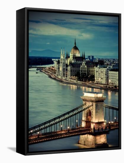 Hungary, Budapest, Parliament Buildings, Chain Bridge and River Danube-Michele Falzone-Framed Stretched Canvas