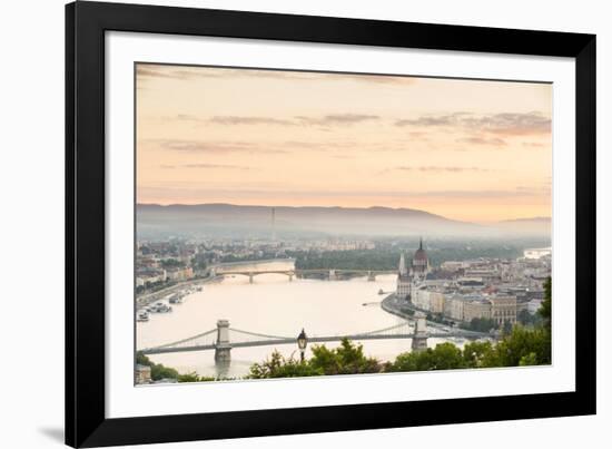 Hungary, Central Hungary, Budapest. Sunrise over Budapest and the Danube from Gellert Hill.-Nick Ledger-Framed Photographic Print