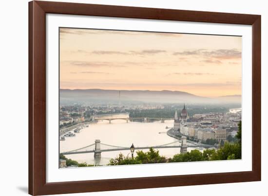 Hungary, Central Hungary, Budapest. Sunrise over Budapest and the Danube from Gellert Hill.-Nick Ledger-Framed Photographic Print