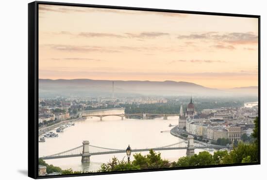 Hungary, Central Hungary, Budapest. Sunrise over Budapest and the Danube from Gellert Hill.-Nick Ledger-Framed Stretched Canvas