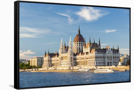 Hungary, Central Hungary, Budapest. The Hungarian Parliament Building on the Danube River.-Nick Ledger-Framed Stretched Canvas