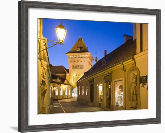 Hungary, Kšszeg, Town Gate, Lantern, Night-Rainer Mirau-Framed Photographic Print