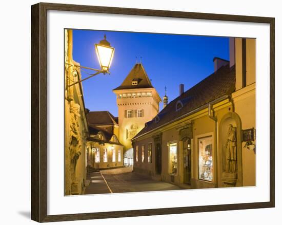 Hungary, Kšszeg, Town Gate, Lantern, Night-Rainer Mirau-Framed Photographic Print