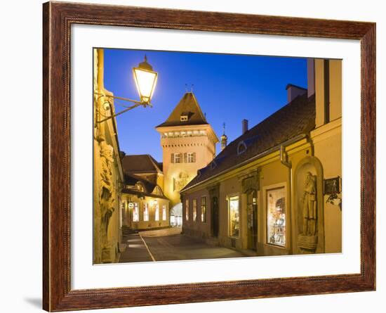 Hungary, Kšszeg, Town Gate, Lantern, Night-Rainer Mirau-Framed Photographic Print