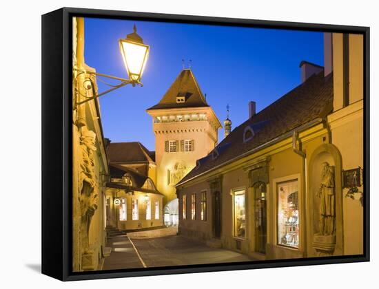 Hungary, Kšszeg, Town Gate, Lantern, Night-Rainer Mirau-Framed Stretched Canvas