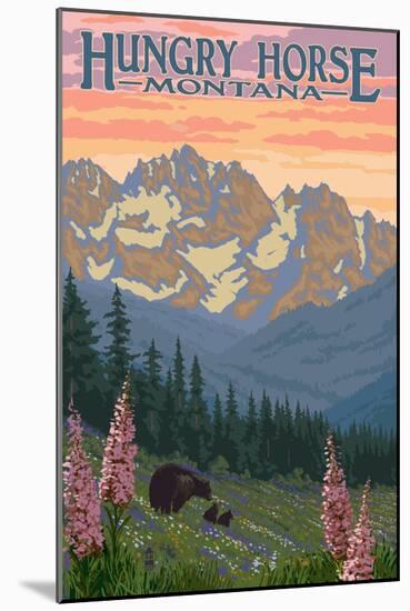 Hungry Horse, Montana - Bear Family and Spring Flowers-Lantern Press-Mounted Art Print