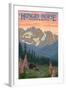 Hungry Horse, Montana - Bear Family and Spring Flowers-Lantern Press-Framed Art Print