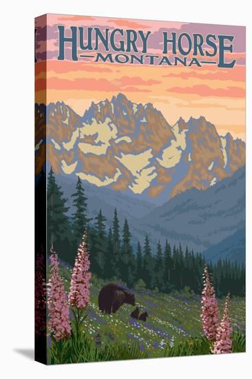 Hungry Horse, Montana - Bear Family and Spring Flowers-Lantern Press-Stretched Canvas