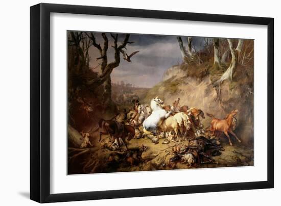 Hungry Wolves Attack a Group of Riders, by Eugene Joseph Verboeckhoven, 1836-Eugene Joseph Verboeckhoven-Framed Art Print