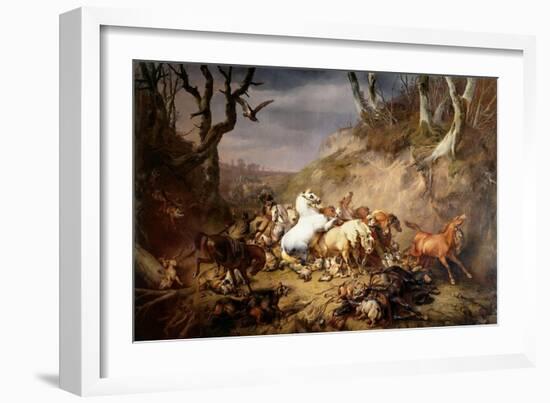 Hungry Wolves Attack a Group of Riders, by Eugene Joseph Verboeckhoven, 1836-Eugene Joseph Verboeckhoven-Framed Art Print