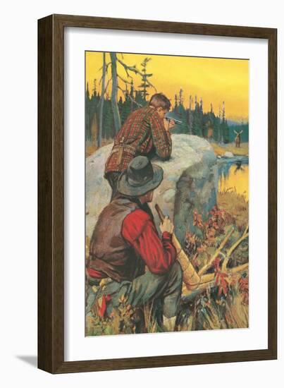 Hunter Aiming at Elk-null-Framed Art Print