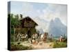 Hunters carousing in front of a hunting lodge near Partenkirchen-Heinrich Bürkel-Stretched Canvas