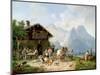 Hunters carousing in front of a hunting lodge near Partenkirchen-Heinrich Bürkel-Mounted Giclee Print