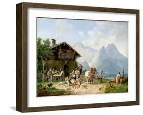 Hunters carousing in front of a hunting lodge near Partenkirchen-Heinrich Bürkel-Framed Giclee Print