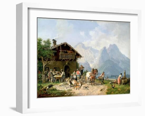 Hunters carousing in front of a hunting lodge near Partenkirchen-Heinrich Bürkel-Framed Giclee Print