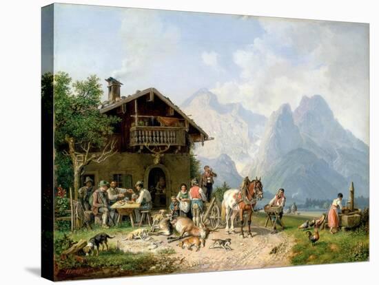 Hunters carousing in front of a hunting lodge near Partenkirchen-Heinrich Bürkel-Stretched Canvas