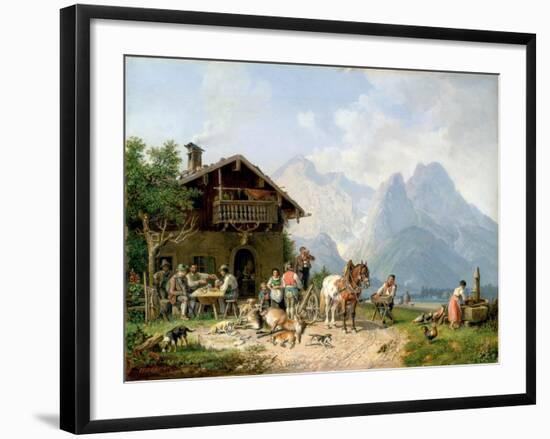 Hunters carousing in front of a hunting lodge near Partenkirchen-Heinrich Bürkel-Framed Giclee Print