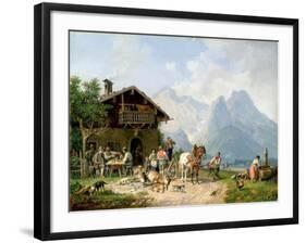 Hunters carousing in front of a hunting lodge near Partenkirchen-Heinrich Bürkel-Framed Giclee Print