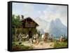 Hunters carousing in front of a hunting lodge near Partenkirchen-Heinrich Bürkel-Framed Stretched Canvas