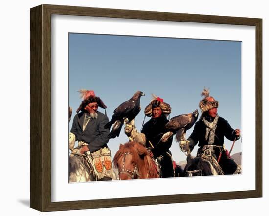 Hunters from Sagsai Sum, Bechik, Tek and Khalbek, Golden Eagle Festival, Mongolia-Amos Nachoum-Framed Photographic Print