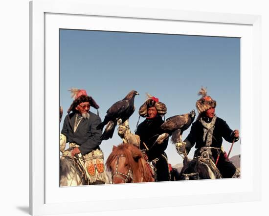 Hunters from Sagsai Sum, Bechik, Tek and Khalbek, Golden Eagle Festival, Mongolia-Amos Nachoum-Framed Photographic Print