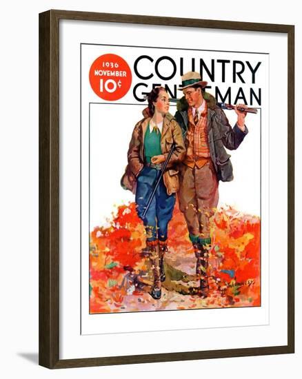 "Hunting Couple on Walk," Country Gentleman Cover, November 1, 1936-J. Hennesy-Framed Giclee Print