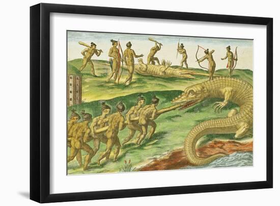 Hunting Crocodiles, from "Brevis Narratio" 1563-Jacques Le Moyne-Framed Giclee Print