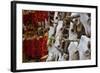 Hunting trophies and chili peppers on market stall, Santa Fe, New Mexico, USA-null-Framed Photographic Print