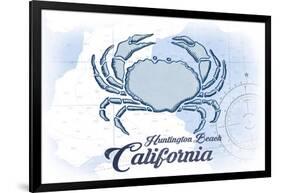 Huntington Beach, California - Crab - Blue - Coastal Icon-Lantern Press-Framed Art Print