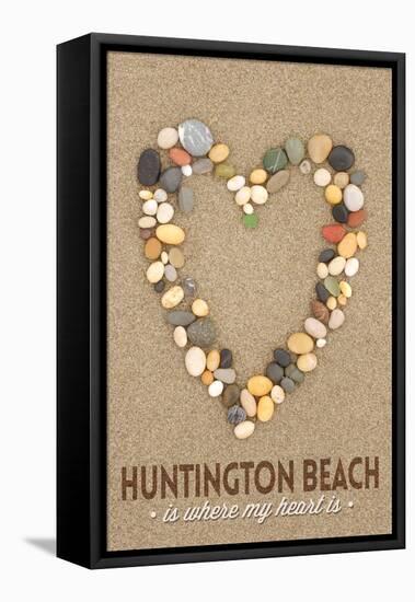 Huntington Beach, California Is Where My Heart Is - Stone Heart on Sand-Lantern Press-Framed Stretched Canvas
