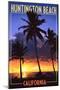Huntington Beach, California - Palms and Sunset-Lantern Press-Mounted Art Print
