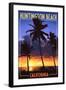 Huntington Beach, California - Palms and Sunset-Lantern Press-Framed Art Print