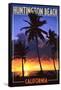 Huntington Beach, California - Palms and Sunset-Lantern Press-Framed Stretched Canvas