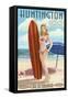 Huntington Beach, California - Pinup Surfer Girl-Lantern Press-Framed Stretched Canvas