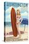 Huntington Beach, California - Pinup Surfer Girl-Lantern Press-Stretched Canvas