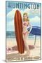 Huntington Beach, California - Pinup Surfer Girl-Lantern Press-Mounted Art Print