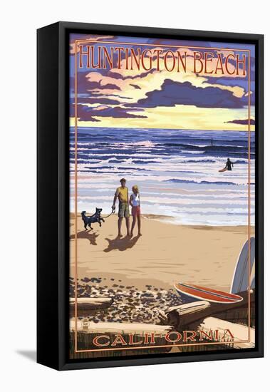 Huntington Beach, California - Sunset Beach Scene-Lantern Press-Framed Stretched Canvas