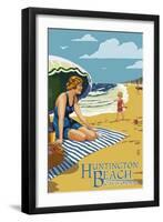 Huntington Beach, California - Woman on Beach-Lantern Press-Framed Art Print