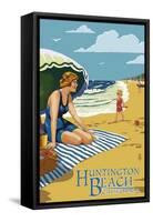 Huntington Beach, California - Woman on Beach-Lantern Press-Framed Stretched Canvas
