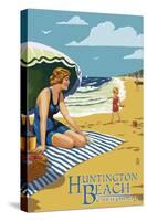 Huntington Beach, California - Woman on Beach-Lantern Press-Stretched Canvas